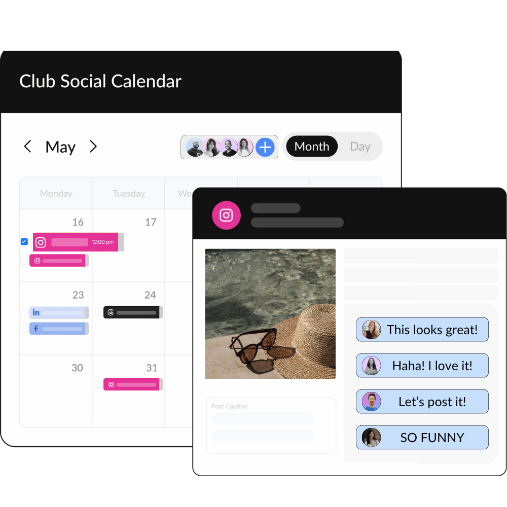 HeyOrca's content calendar set to a monthly view surrounded by Instagram posts and a line graph depicting Instagram analytics