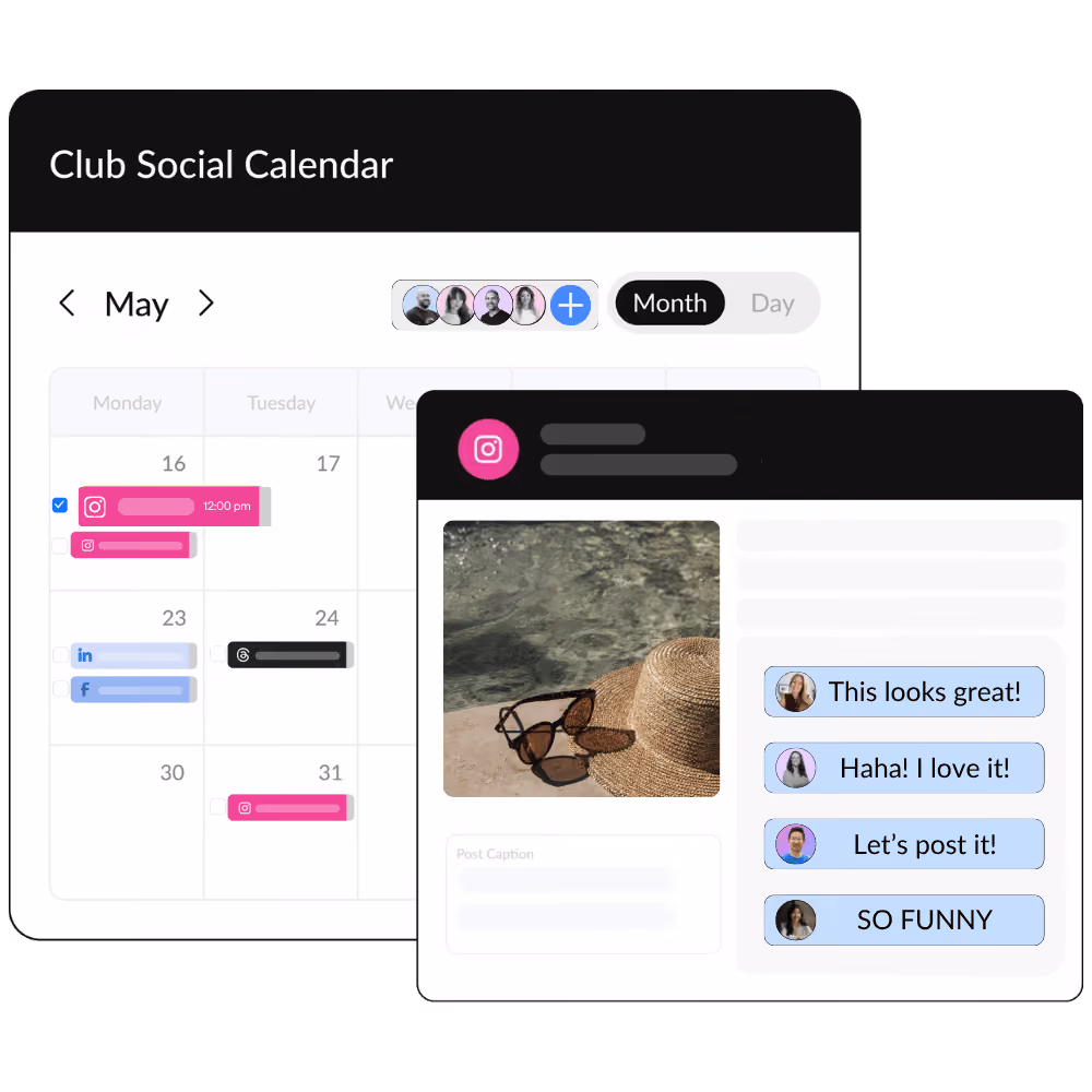 HeyOrca's content calendar set to a monthly view surrounded by Instagram posts and a line graph depicting Instagram analytics