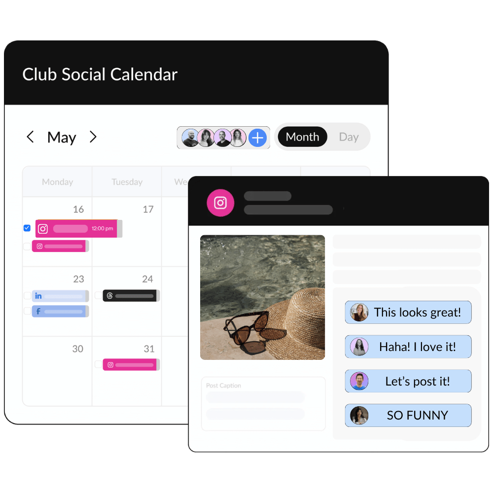 HeyOrca's content calendar set to a monthly view surrounded by Instagram posts and a line graph depicting Instagram analytics