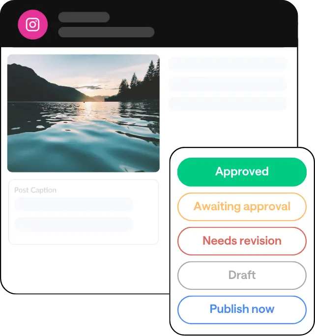Instagram post scheduled in HeyOrca overlaid by five buttons: Approved, Awaiting approval, Needs revision, Draft, Publish now.