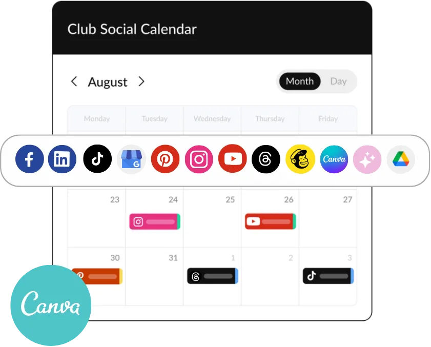 HeyOrca social media calendar surrounded by social media logos: Instagram, Facebook, YouTube, LinkedIn, Threads, X (Twitter), Google Business Profile, Pinterest, TikTok, and Canva.