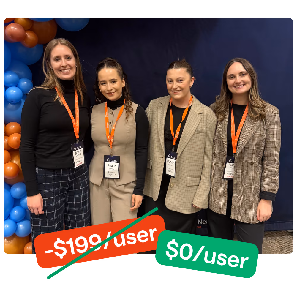 Four women stand in together in a corporate setting. There is. a red box crossed out that reads "-$199/user" and a green one that says "$0/user"