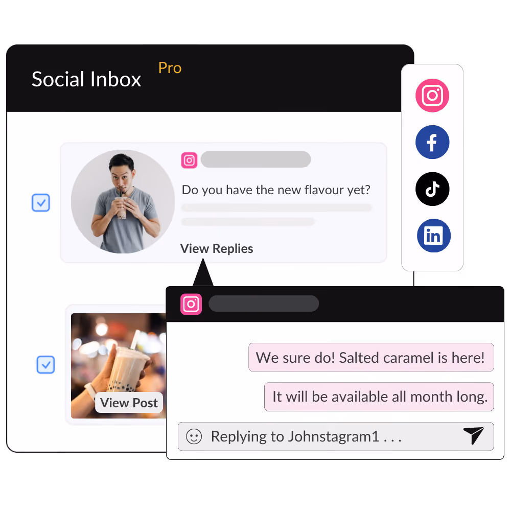 A HeyOrca social media inbox shows Instagram direct messages and comments overlayed by a light pink Instagram direct message conversation depicting responses to a direct message. The graphic is overlayed by white Instagram, Facebook, TikTok, and LinkedIn logos on a pink background.