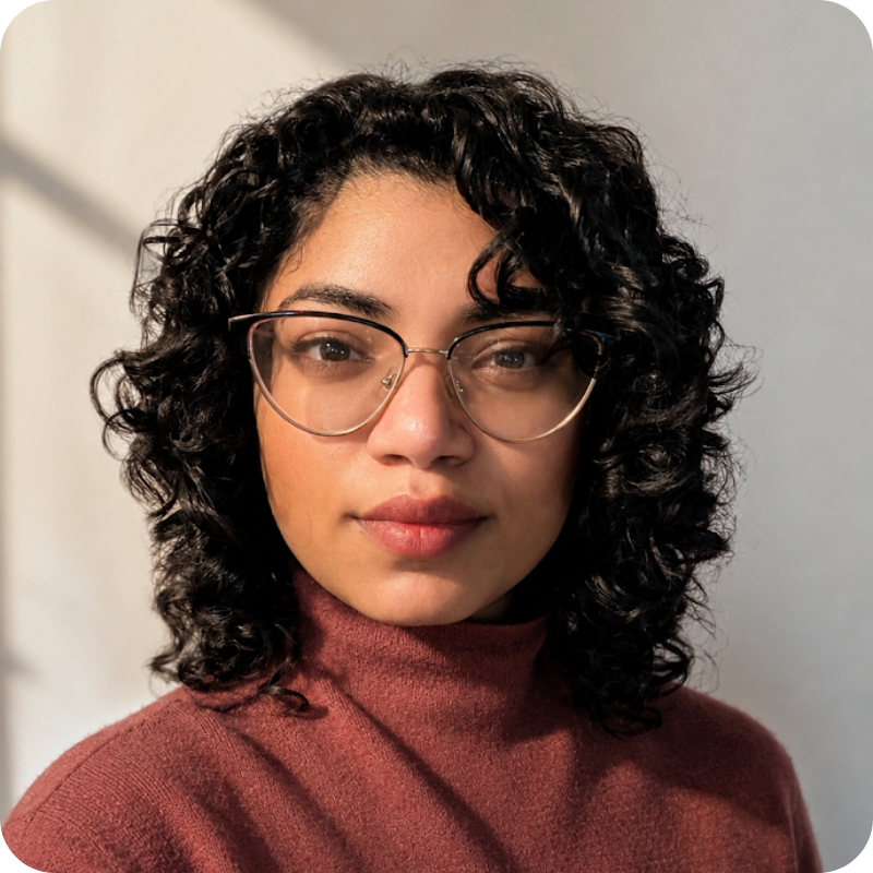 A woman with dark curly hair wearing glasses. She wears a maroon turtleneck shirt.