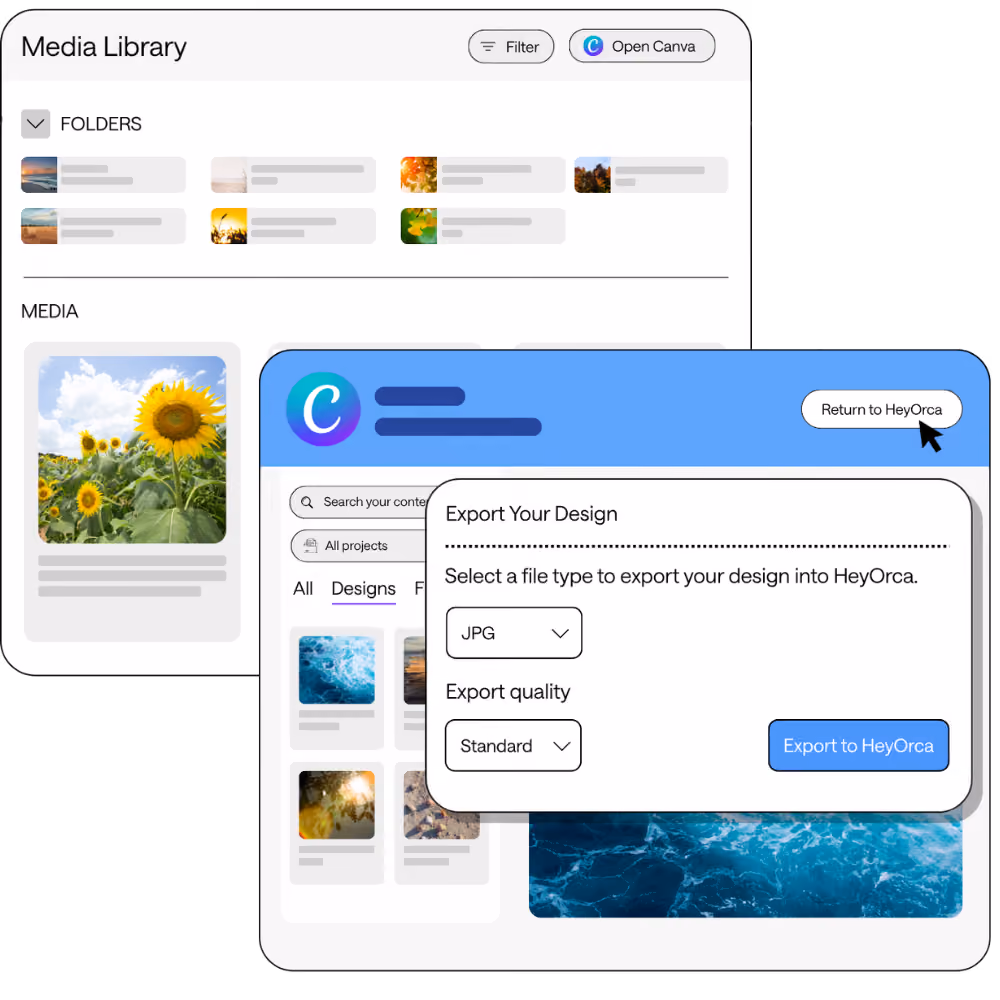 A user interface showing a media library with folders and media files, alongside an export design panel for selecting file type and quality.