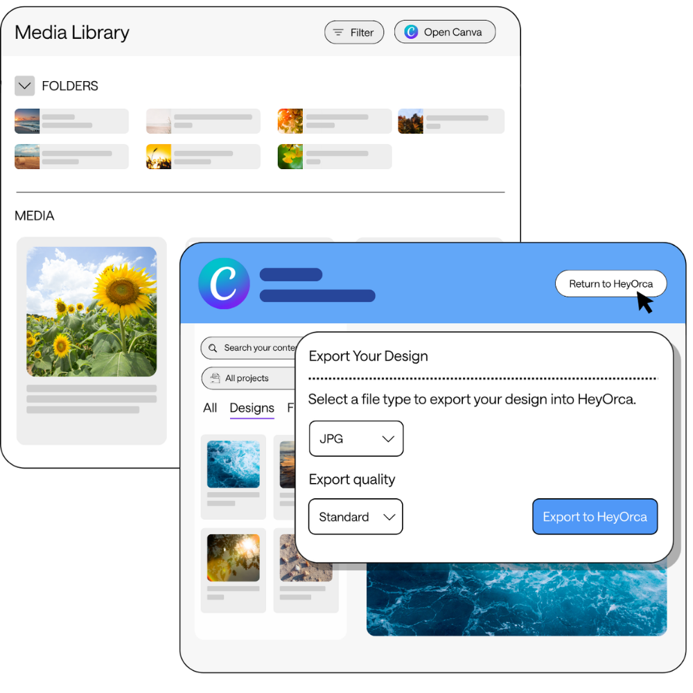 A user interface showing a media library with folders and media files, alongside an export design panel for selecting file type and quality.