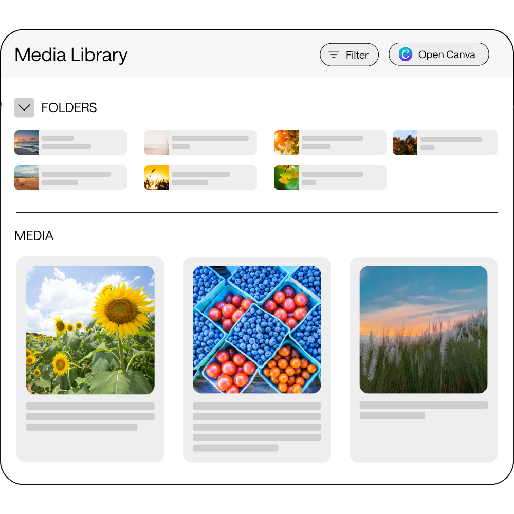 A digital media library interface displaying folders at the top and preview images below. The images include sunflowers, assorted berries in blue containers, and a scenic field with tall grass.