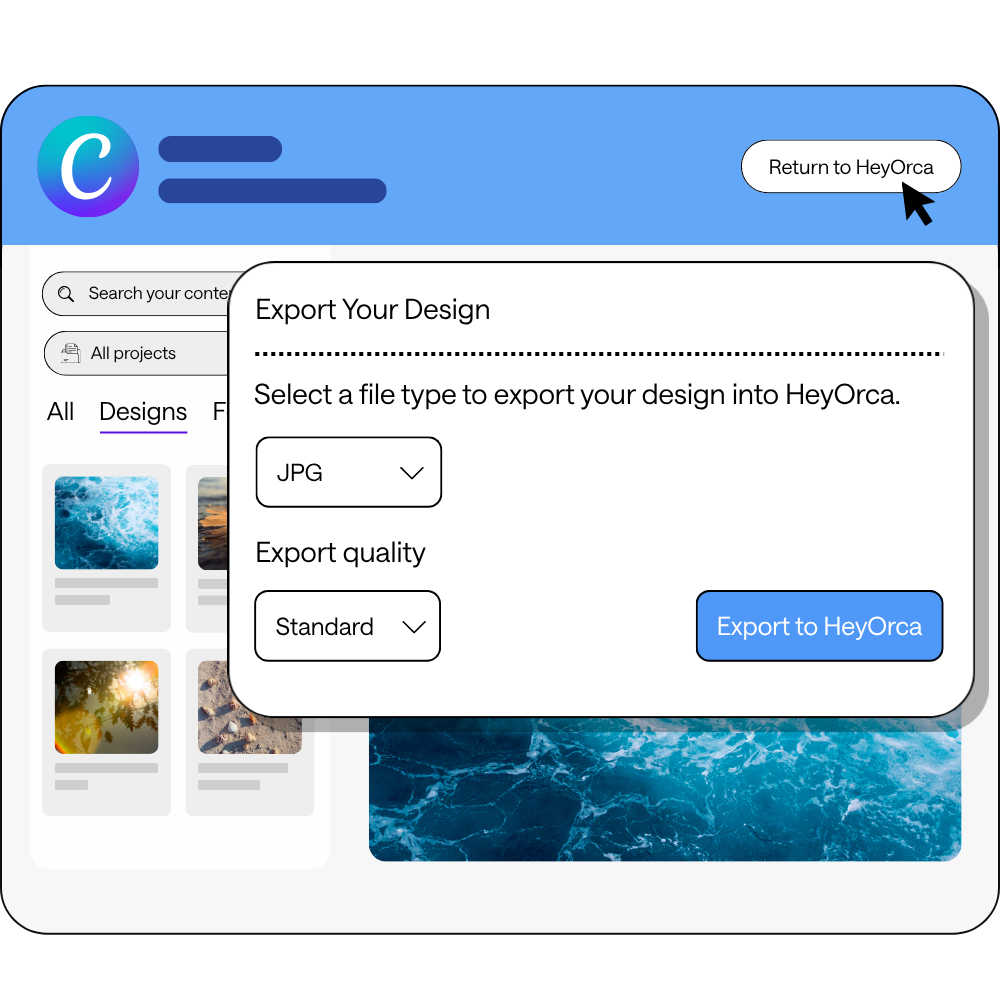 A digital interface showing an option to export a design to HeyOrca in JPG or PNG format with standard or high quality settings. The background displays a design gallery.