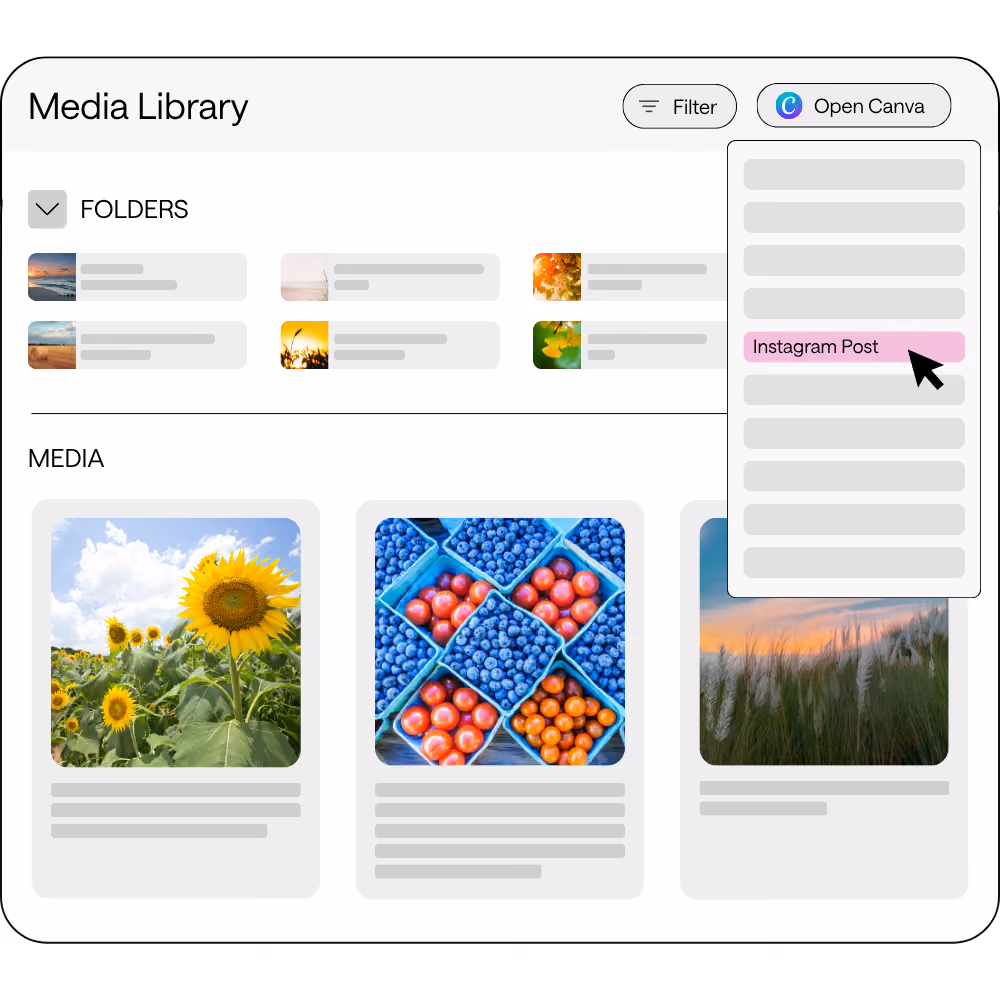 Digital media library interface displaying folders and images. The folders section shows multiple categories with one titled 'Instagram Post' highlighted. Below are image thumbnails of a sunflower field, assorted berries, and a misty landscape.