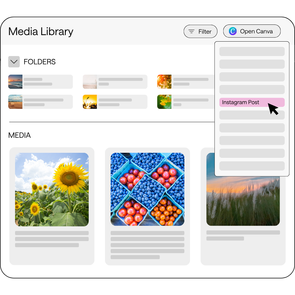 Digital media library interface displaying folders and images. The folders section shows multiple categories with one titled 'Instagram Post' highlighted. Below are image thumbnails of a sunflower field, assorted berries, and a misty landscape.