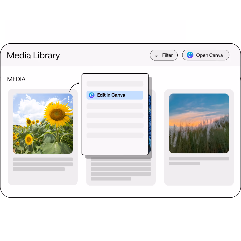 A computer interface shows a media library with thumbnail images arranged in a row. The highlighted one on the left displays a sunflower field, while the middle shows a list of editing options. The option 'Edit in Canva' is selected, indicating ongoing media editing.