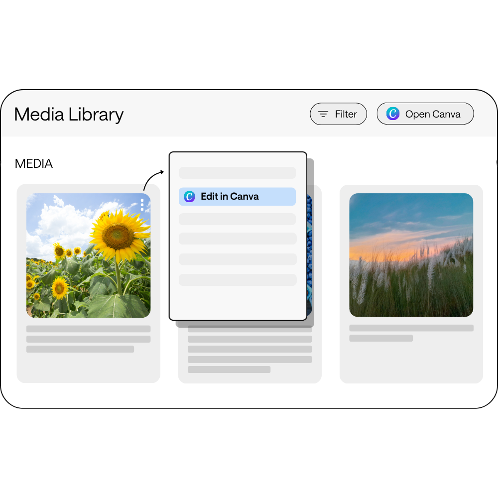 A computer interface shows a media library with thumbnail images arranged in a row. The highlighted one on the left displays a sunflower field, while the middle shows a list of editing options. The option 'Edit in Canva' is selected, indicating ongoing media editing.