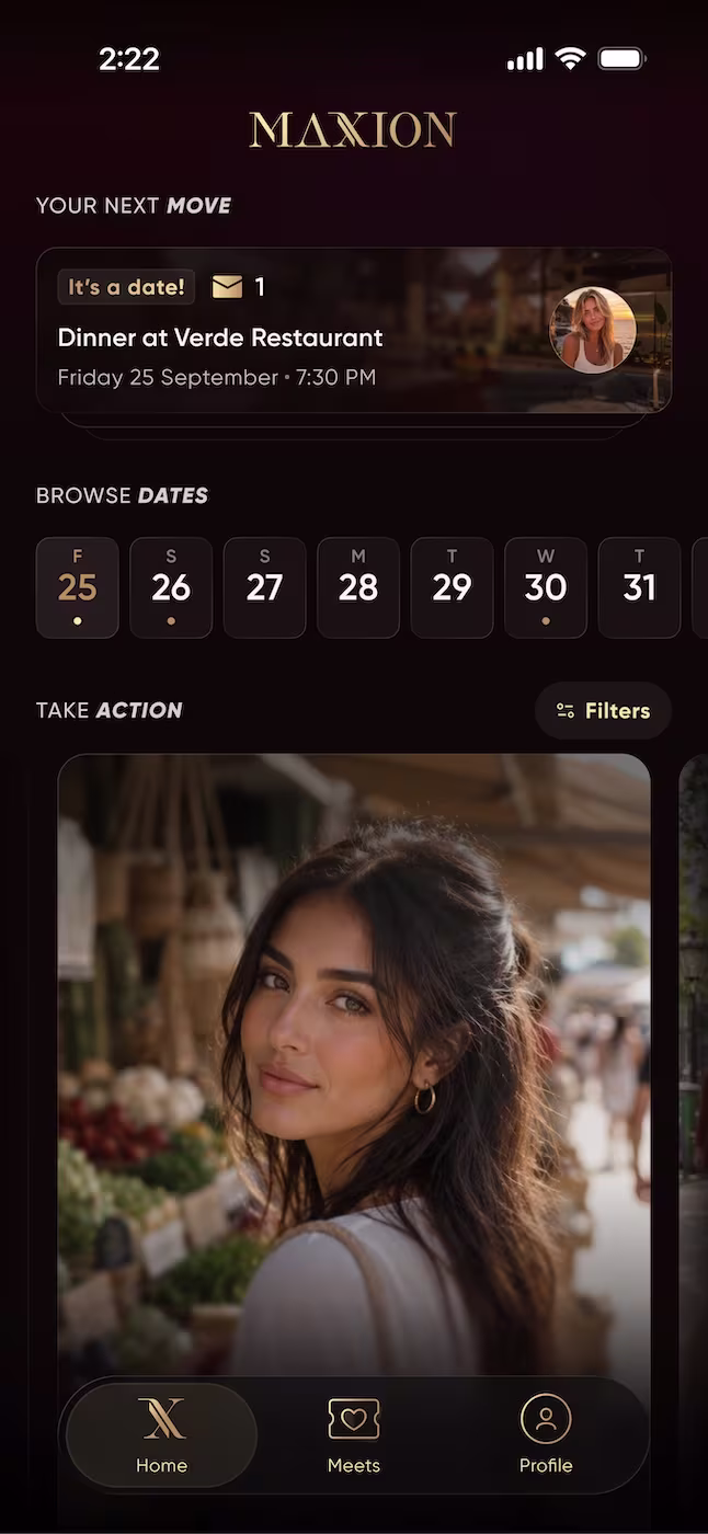 MAXION app screen for picking a date vibe
