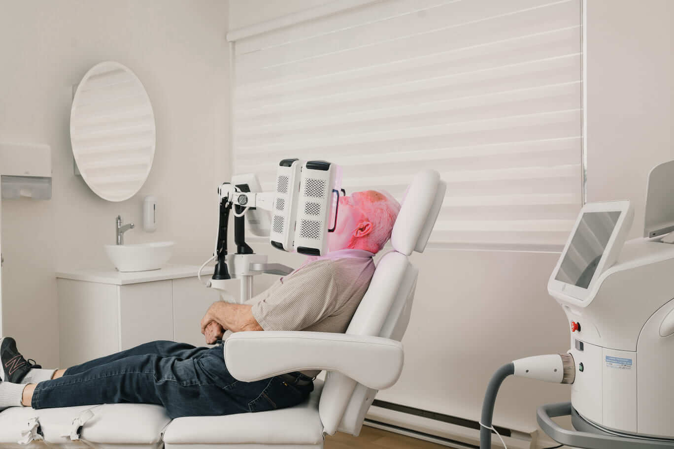 A man is sitting in a chair with a red light in front of him.