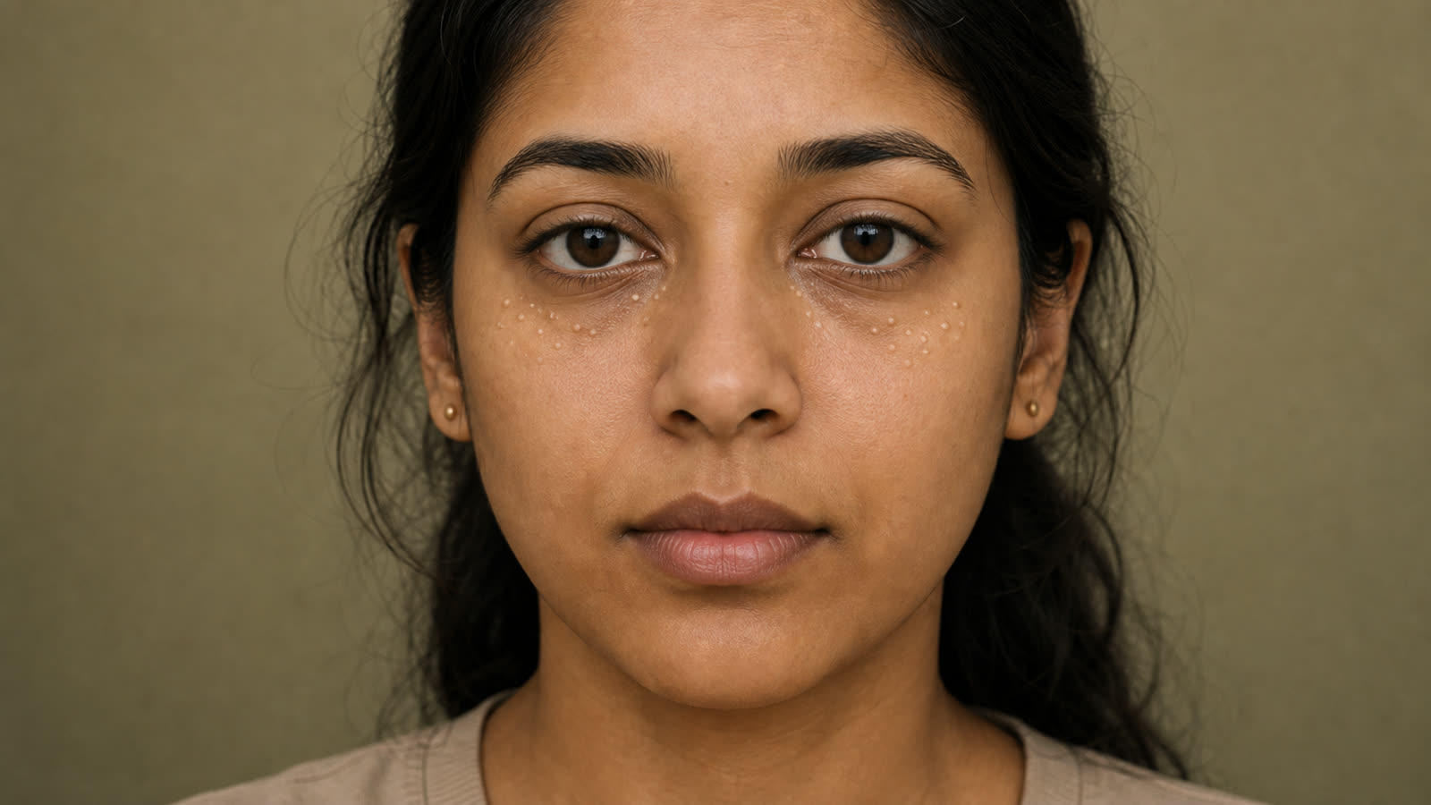 Grains de milium — portrait centré avec petits points blancs sous les yeux