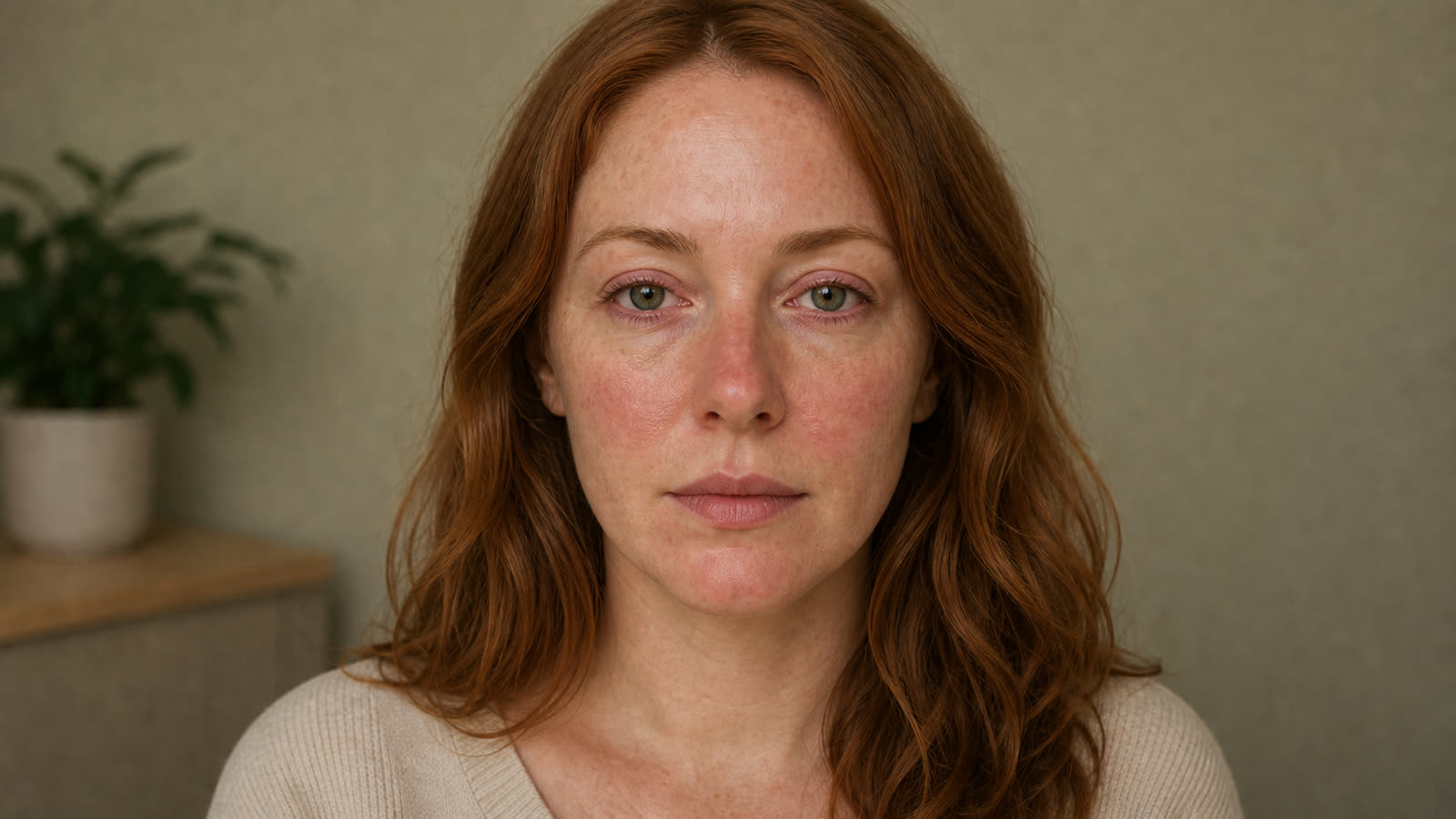 Rosacée oculaire — portrait centré avec rougeur des joues et irritation des paupières