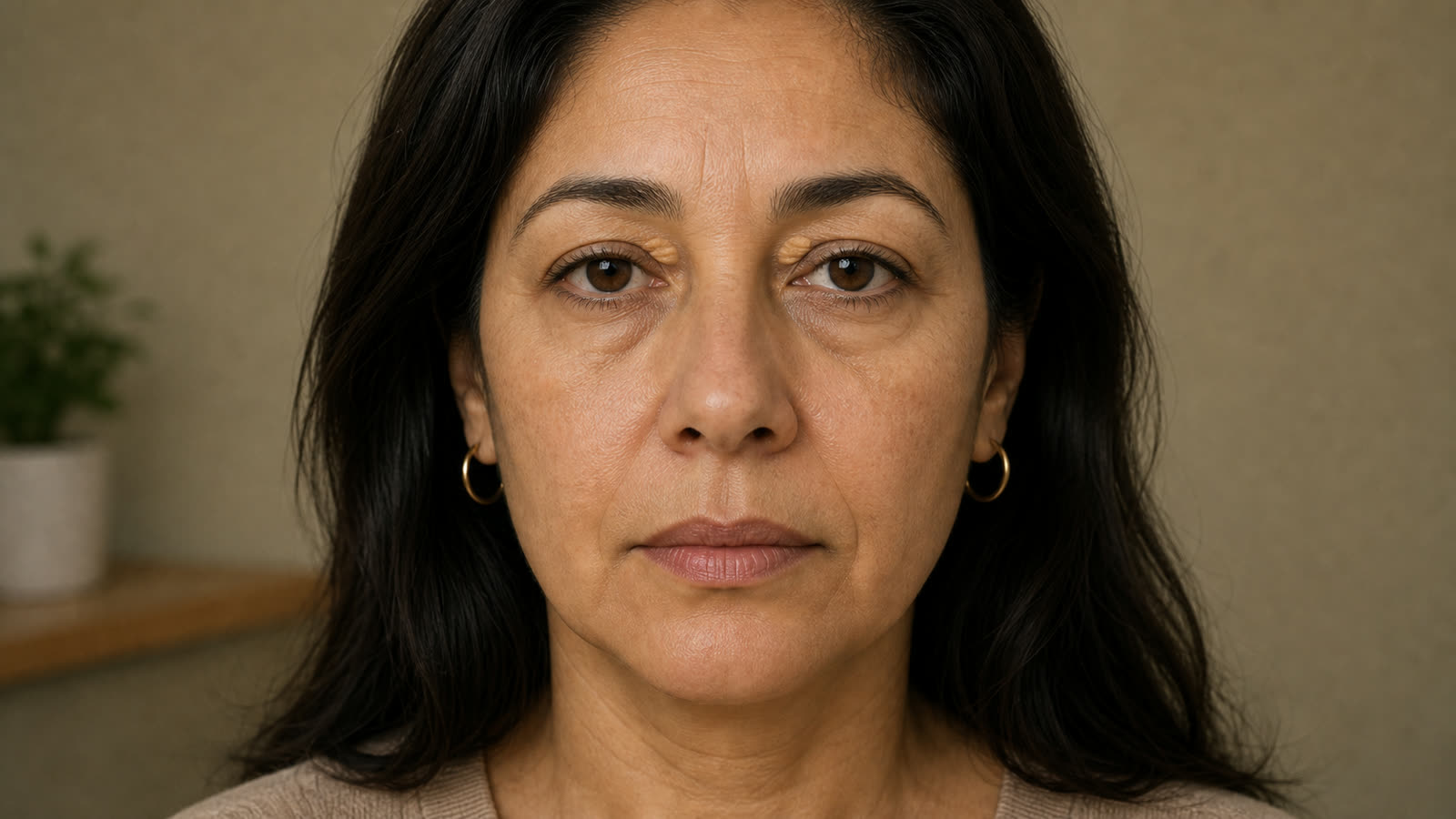 Xanthélasma — portrait centré avec plaques jaunâtres discrètes près des paupières