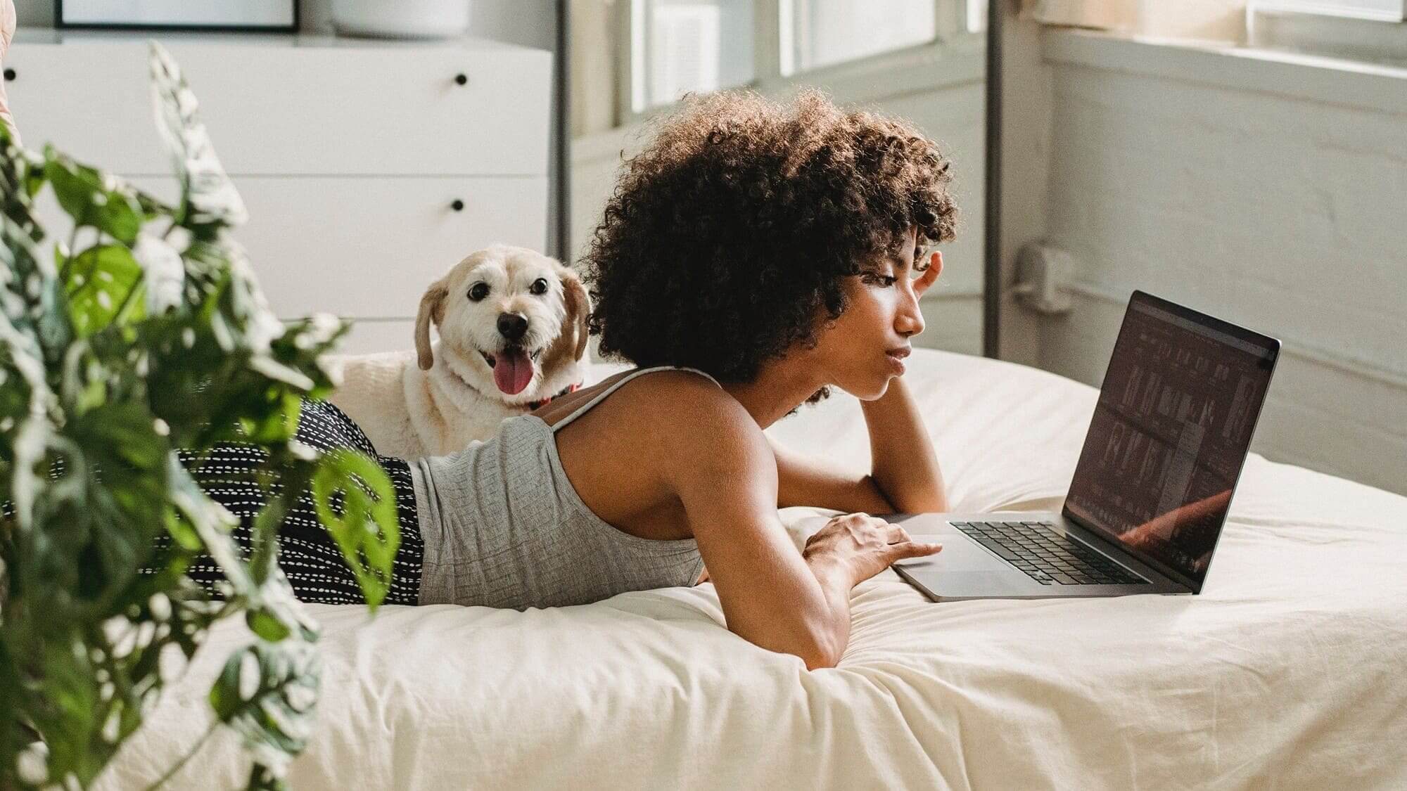 A woman sitting on a bed with a dog and a laptop.