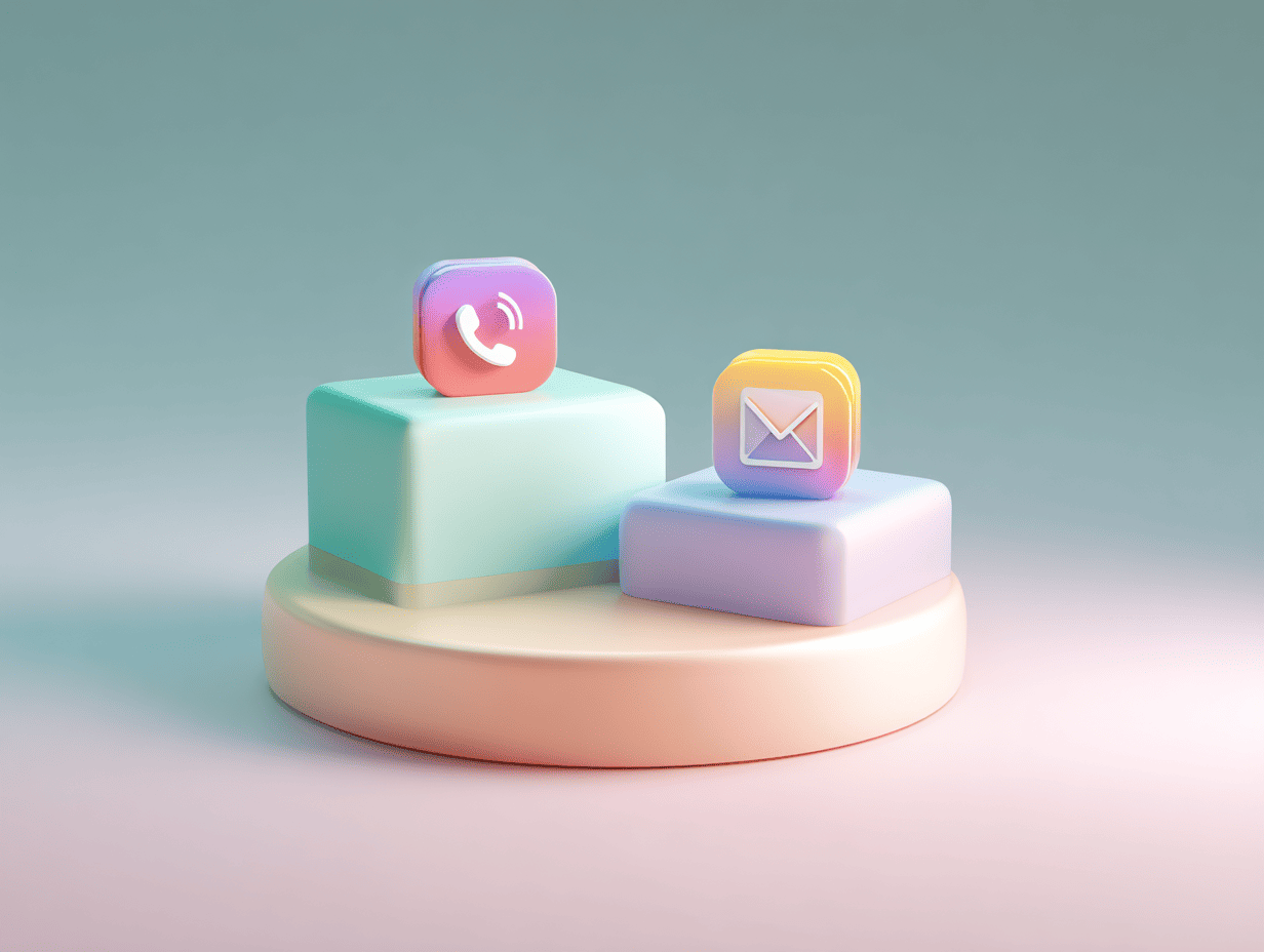 3D-rendered icons of a phone and an email envelope, representing digital communication channels used in inside sales, displayed on pastel podium blocks.
