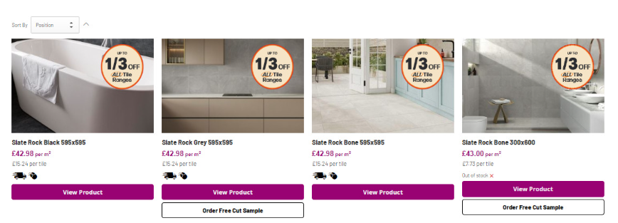 Tile Giant Variant 2 product cards showing delivery messaging and a bold magenta “View Product” CTA, but no swatches.