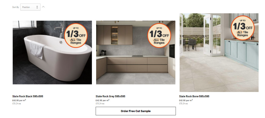 Tile Giant control version showing three product cards with basic layout and a single “Order Free Cut Sample” CTA, no swatches or delivery info.