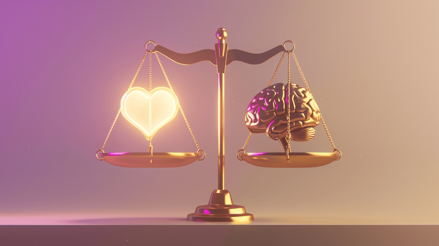 3D illustration featuring a golden balance scale with a glowing heart and a brain, representing the balance of emotional and logical decision-making in high ticket sales strategies.