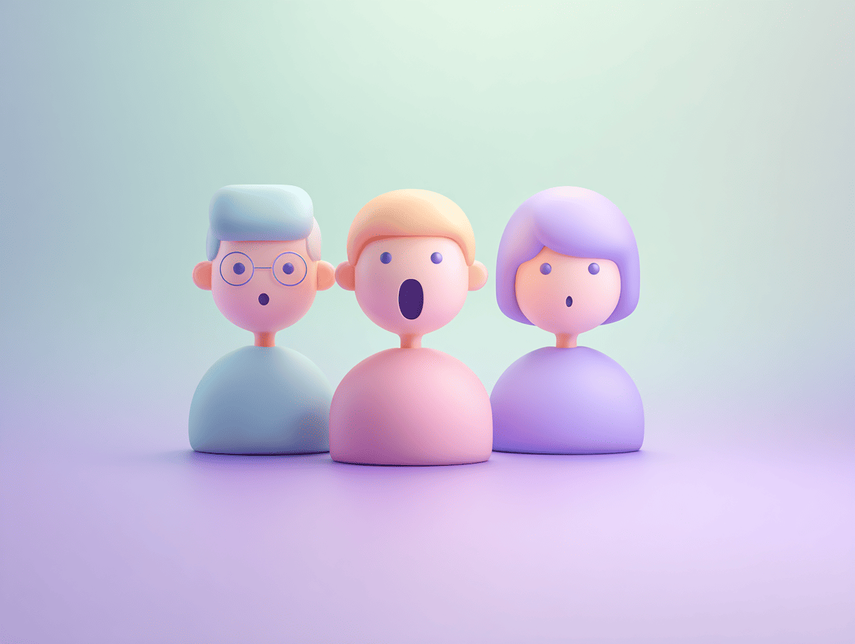 Three characters with surprised expressions, representing how strong Google ad copy captures attention and triggers immediate reactions.