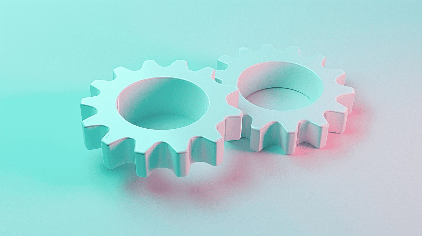 Two pastel colored gears meshing together, illustrating how different systems sync smoothly during an integration process.