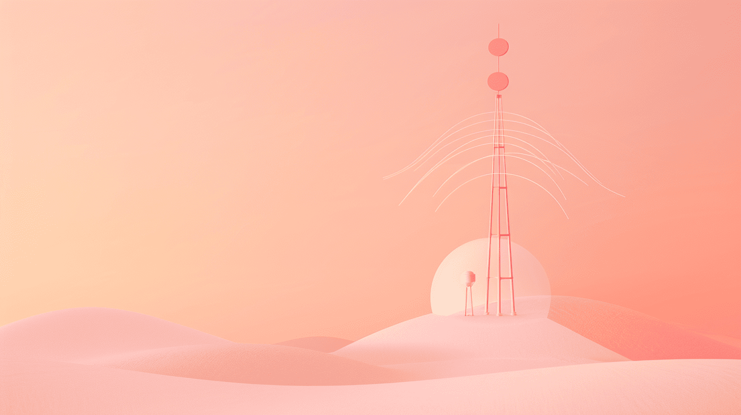 A tall broadcast tower sending out signals across a calm landscape, symbolizing how media buying distributes messages across channels.