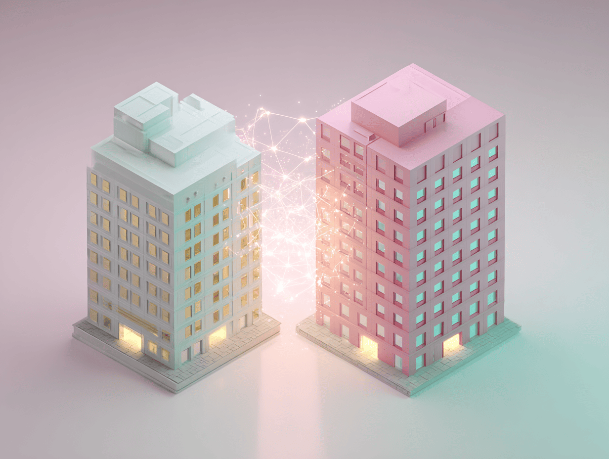 Two stylized office buildings connected by digital nodes, representing B2B partnership or data-driven business collaboration.