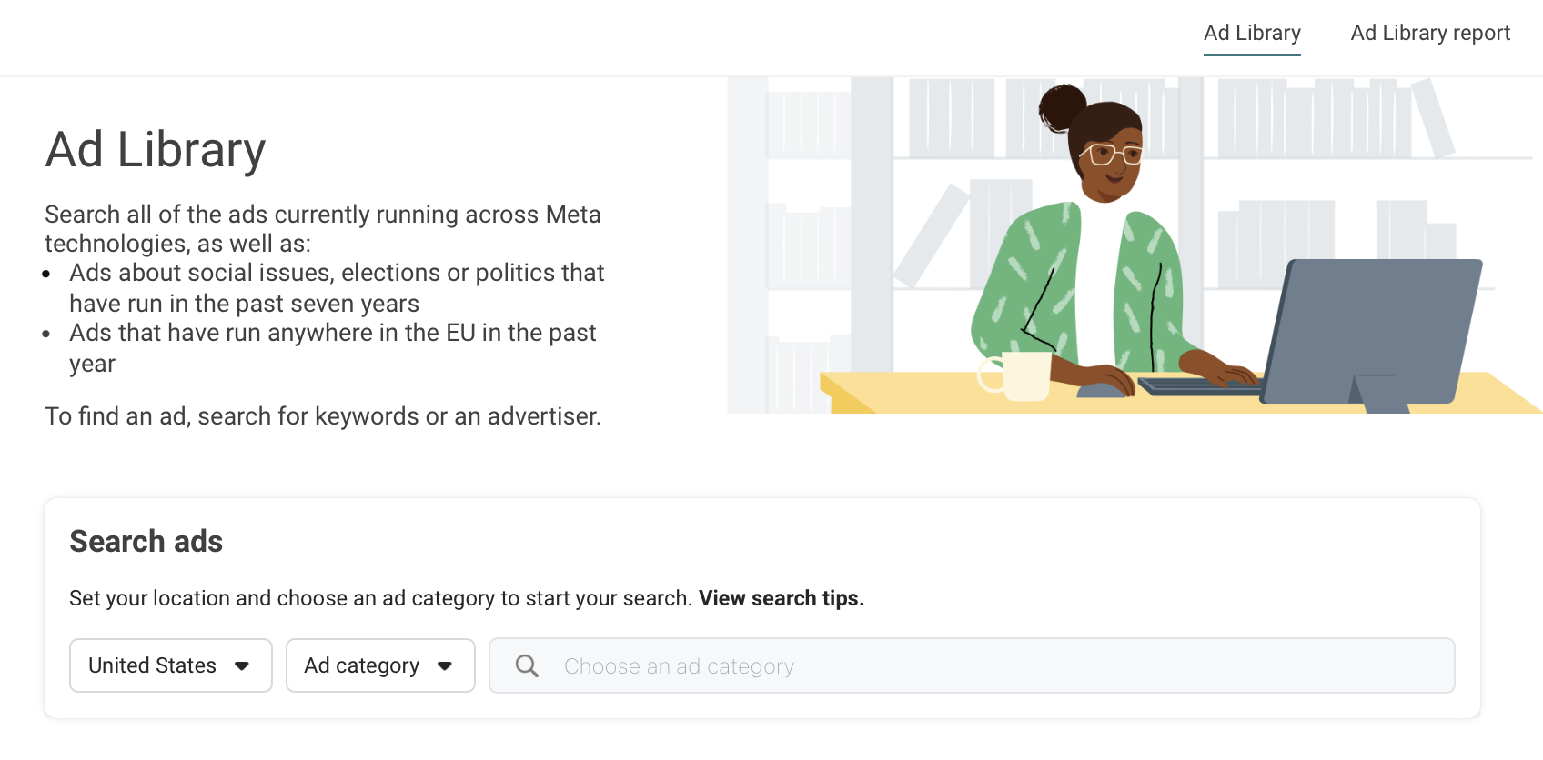Meta Ad Library homepage showing search filters by country and category, with a person using a desktop in a modern illustration style.