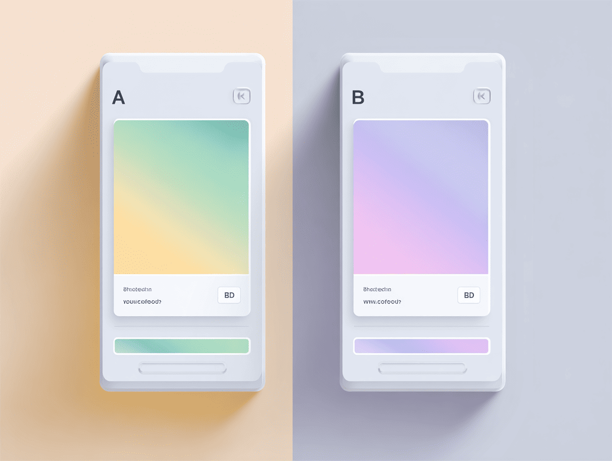Minimalist A/B test comparison showing two mobile ad variants with pastel color schemes, labeled A and B for creative testing.