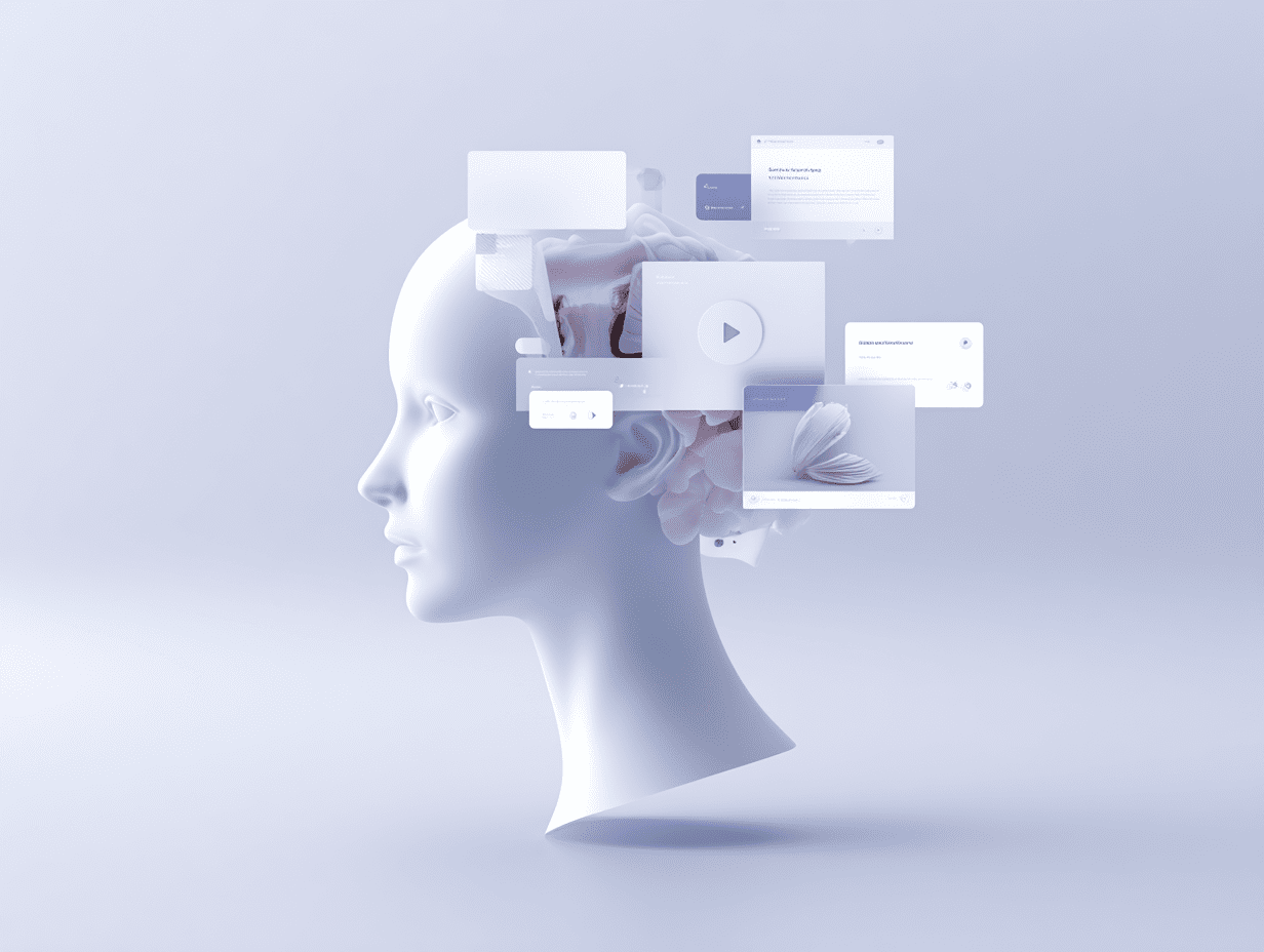 Conceptual 3D render of a human head with floating digital ad elements representing strategy, content, and campaign planning.