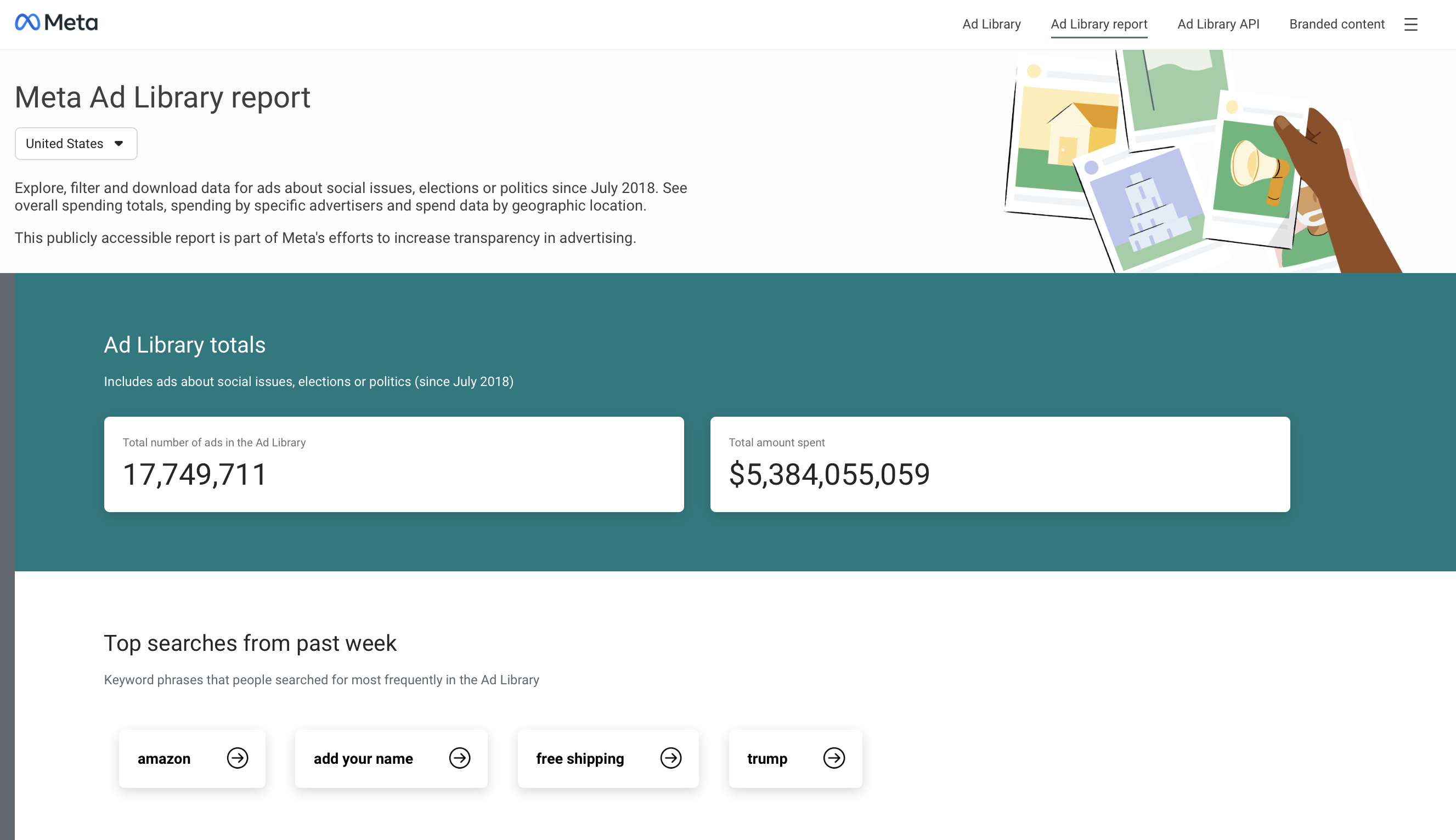 Meta Ad Library report interface displaying total ad count, total spend, and most searched ad keywords for the week.