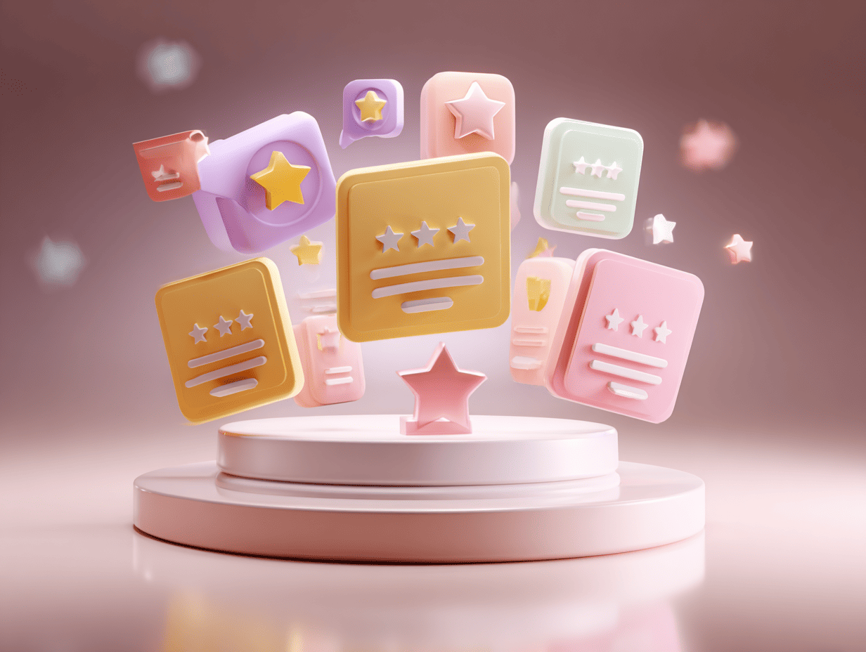 3D icons of customer reviews and star ratings floating around a pedestal, symbolizing B2B client feedback and trust building.