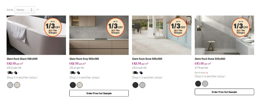 Tile Giant Variant 1 product cards with added delivery messaging and colour swatches, but no additional CTA button.