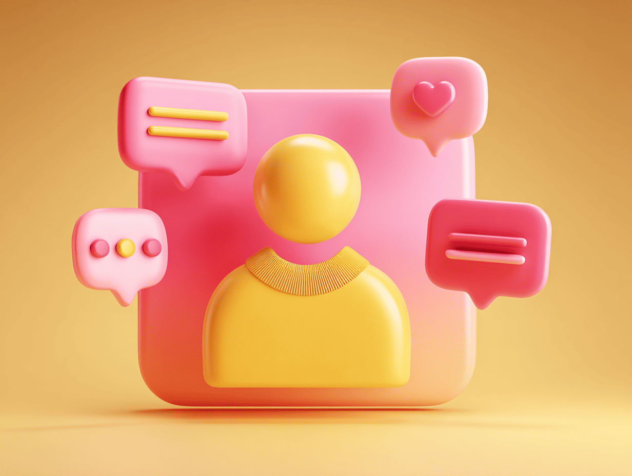 3D icon of a user profile surrounded by engagement and feedback icons, representing user interaction and conversion actions.