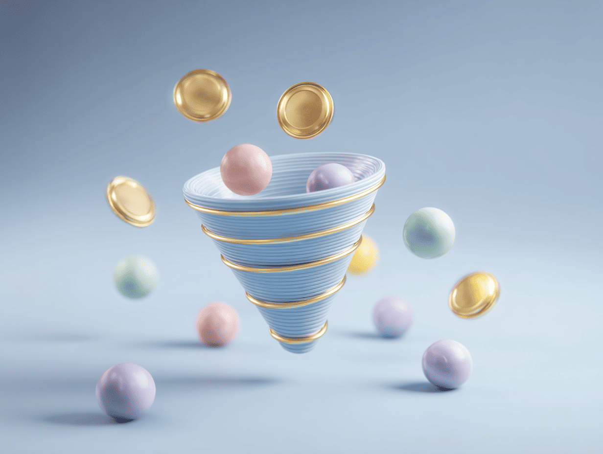 Abstract funnel with coins and balls illustrating the concept of optimizing the conversion funnel.