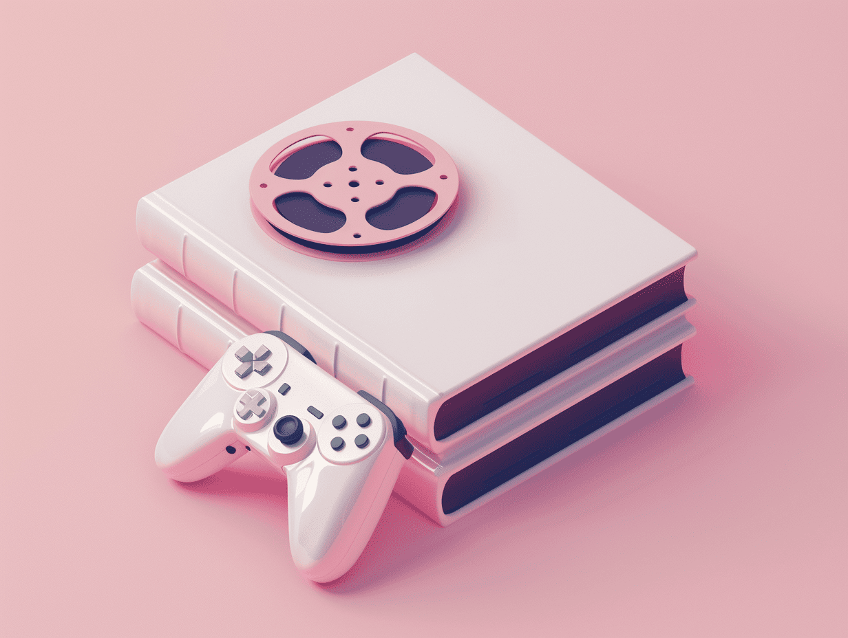 Game controller, movie reel, and books arranged together, suggesting product placements across games, films, and books.
