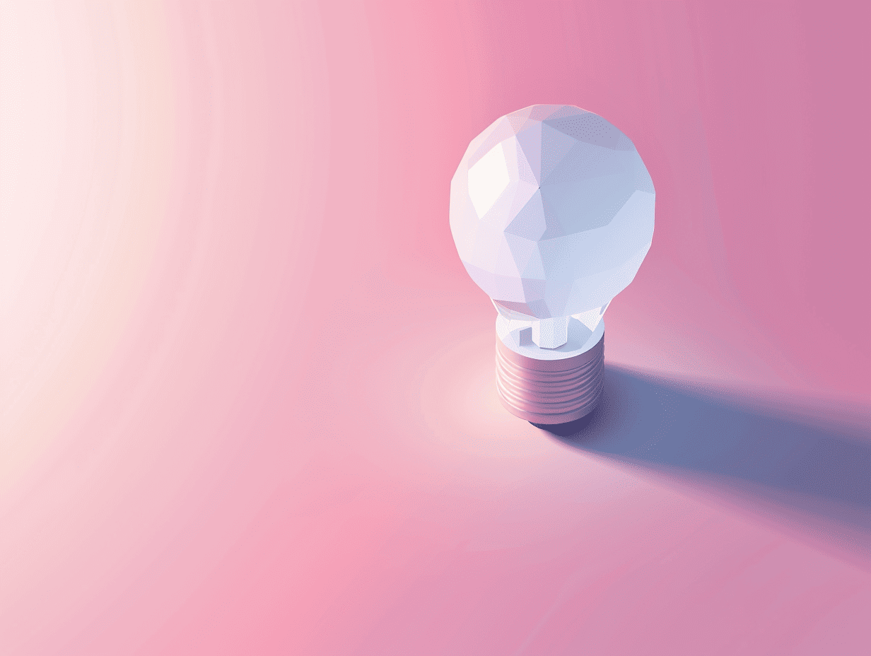 Geometric lightbulb casting a shadow on pink background, representing creative ideas and innovation in marketing management.