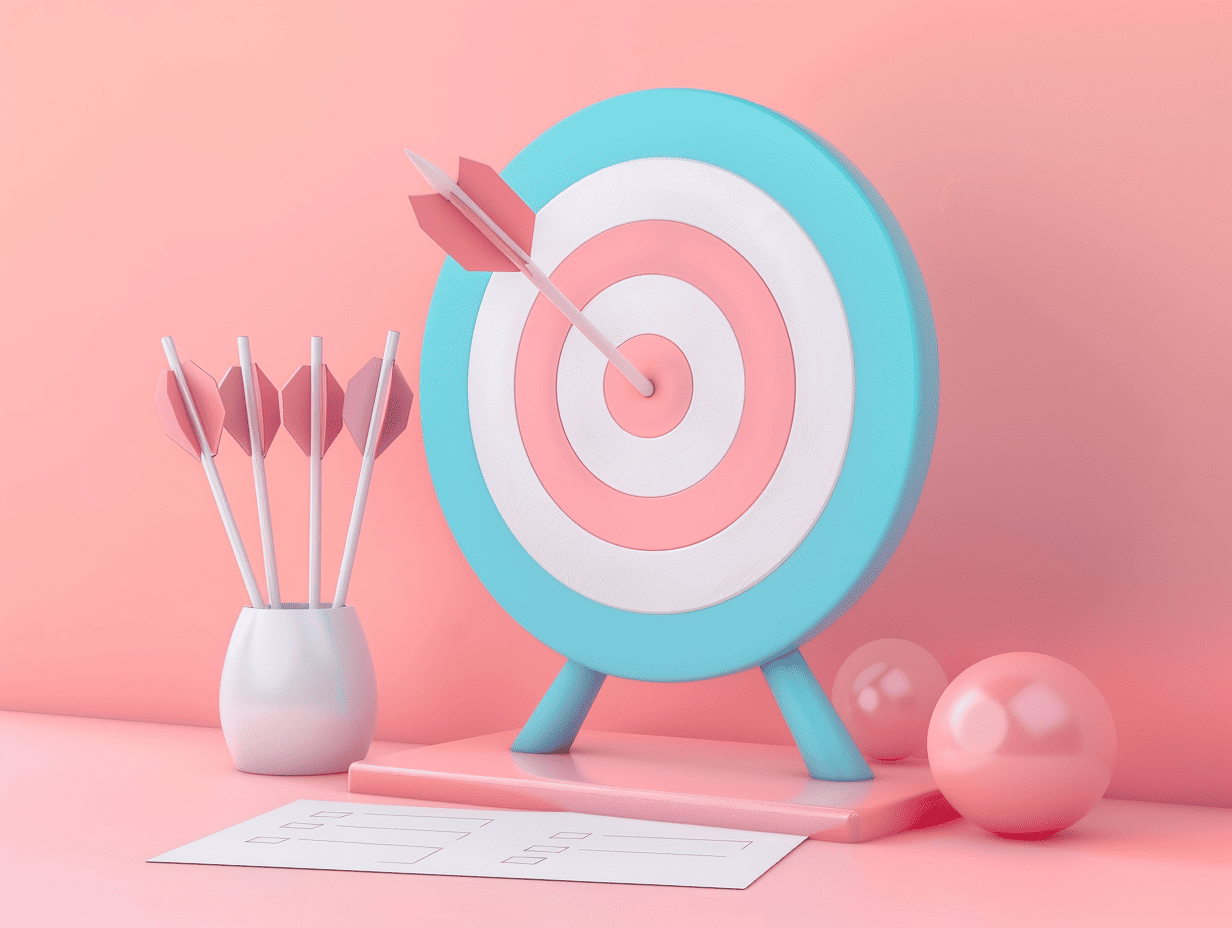 3D target with arrow in the bullseye next to a set of arrows, symbolizing goal setting and achieving sales objectives.