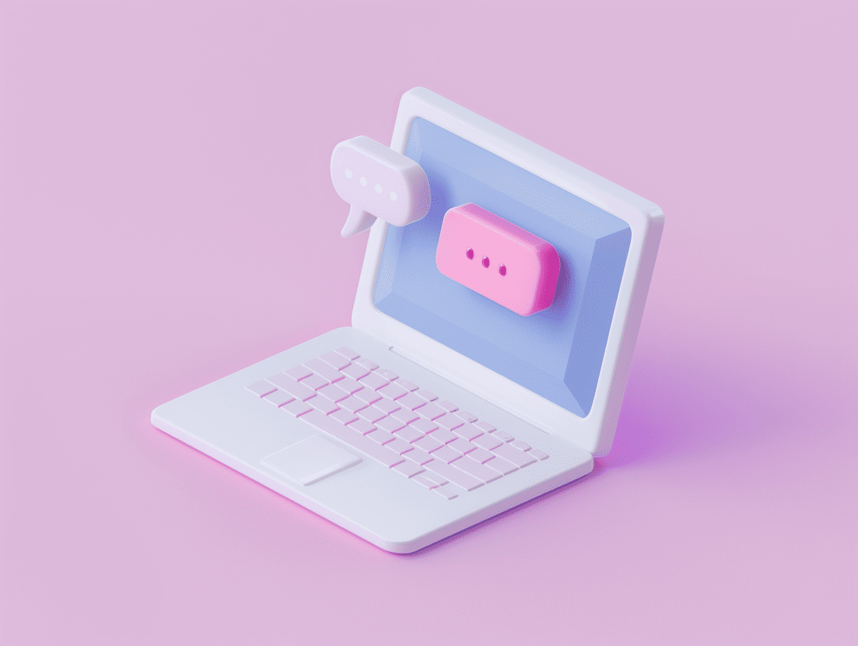 Stylized laptop with chat bubbles showing online sales interactions and digital customer engagement.