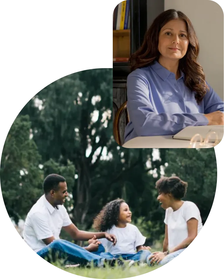 Smiling woman in a blue shirt sitting indoors and a happy family of three sitting on grass outdoors in a park.