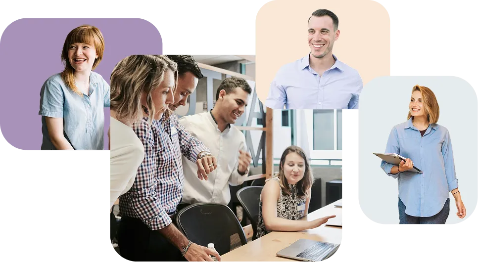 Group of diverse coworkers smiling and collaborating around a laptop at a modern office.
