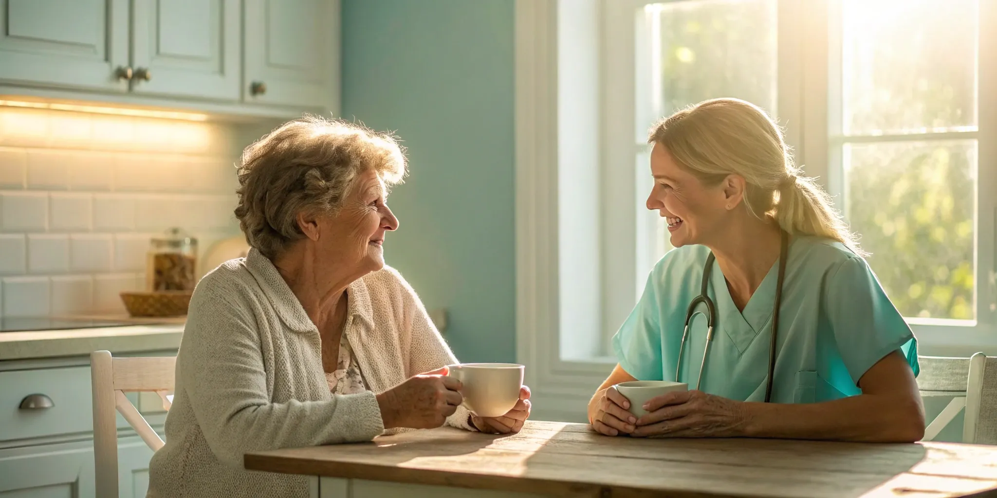 A Medicare advocate explains plan options to a senior woman over coffee.