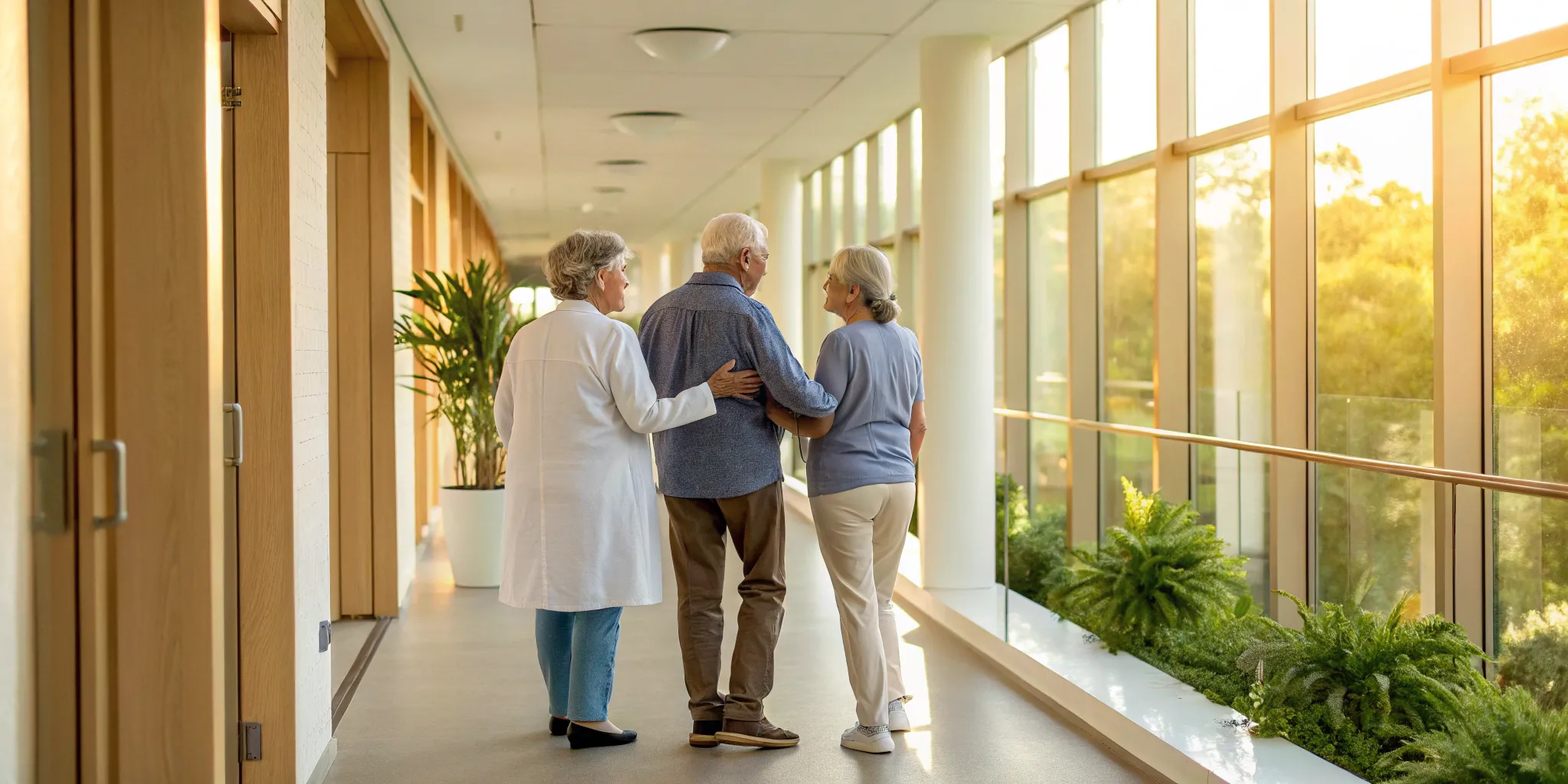 A patient advocate supports a senior patient and caregiver in a healthcare facility.