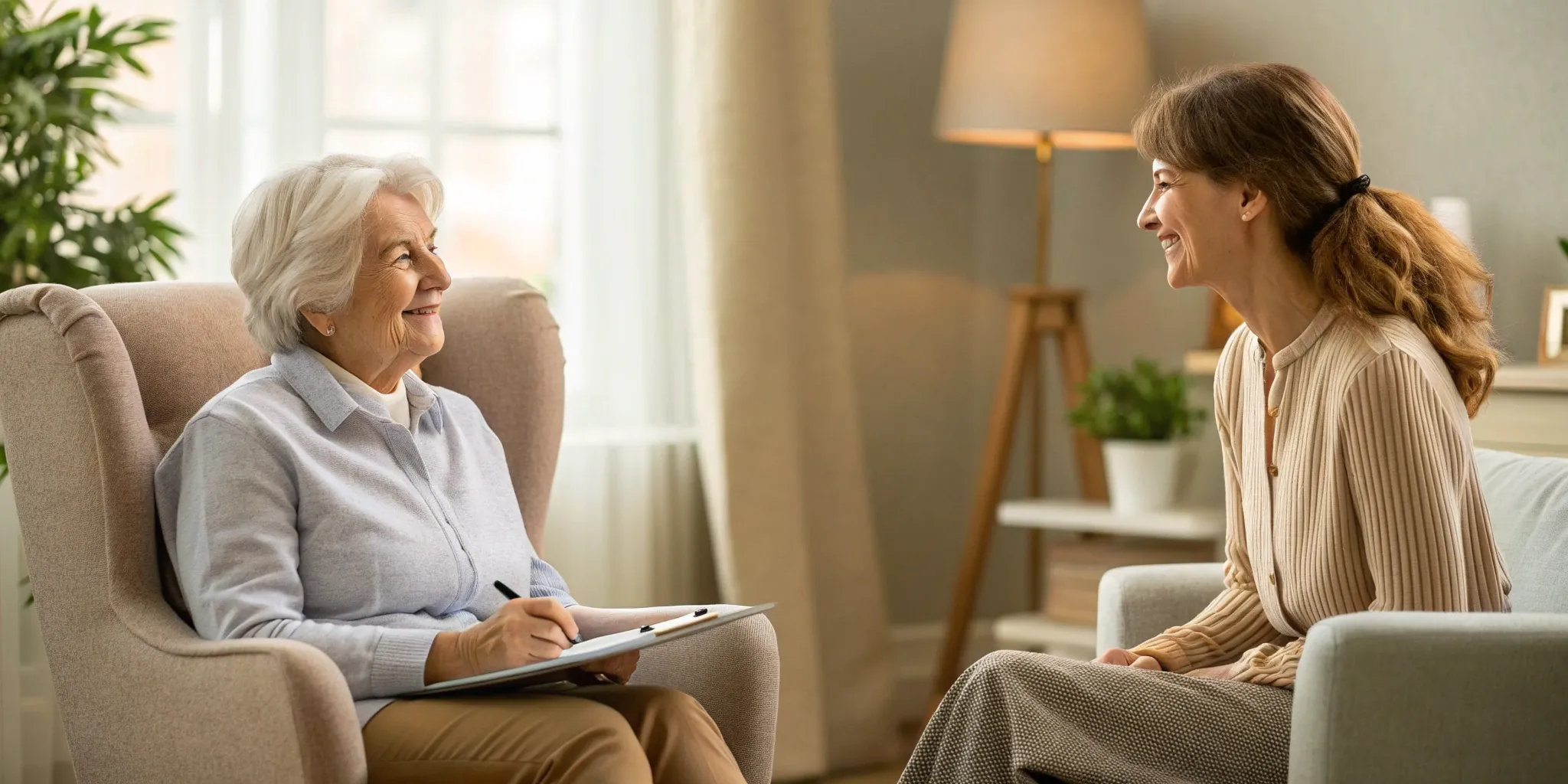 An older patient gets guidance on her healthcare from a patient advocate at home.