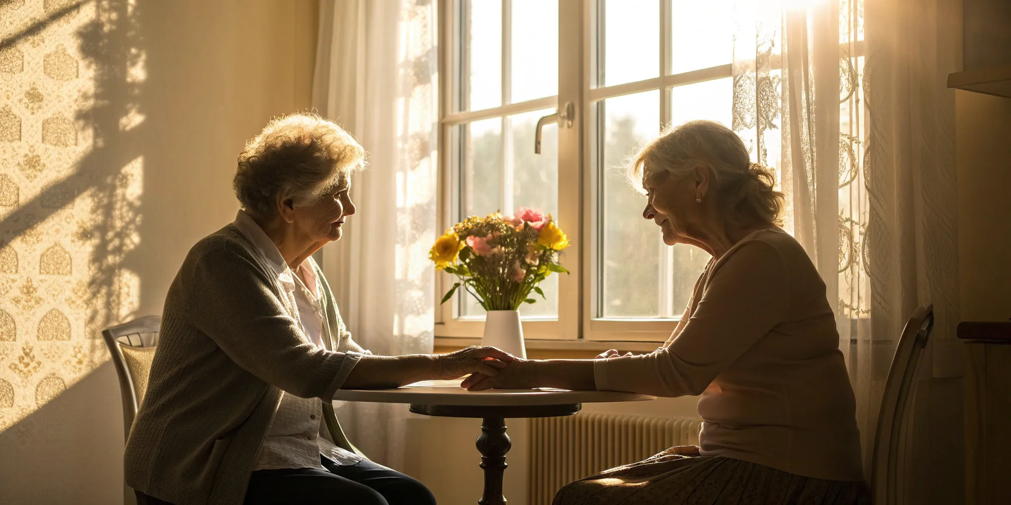 An advocate holding an elderly woman's hand, providing support for the elderly and disabled.