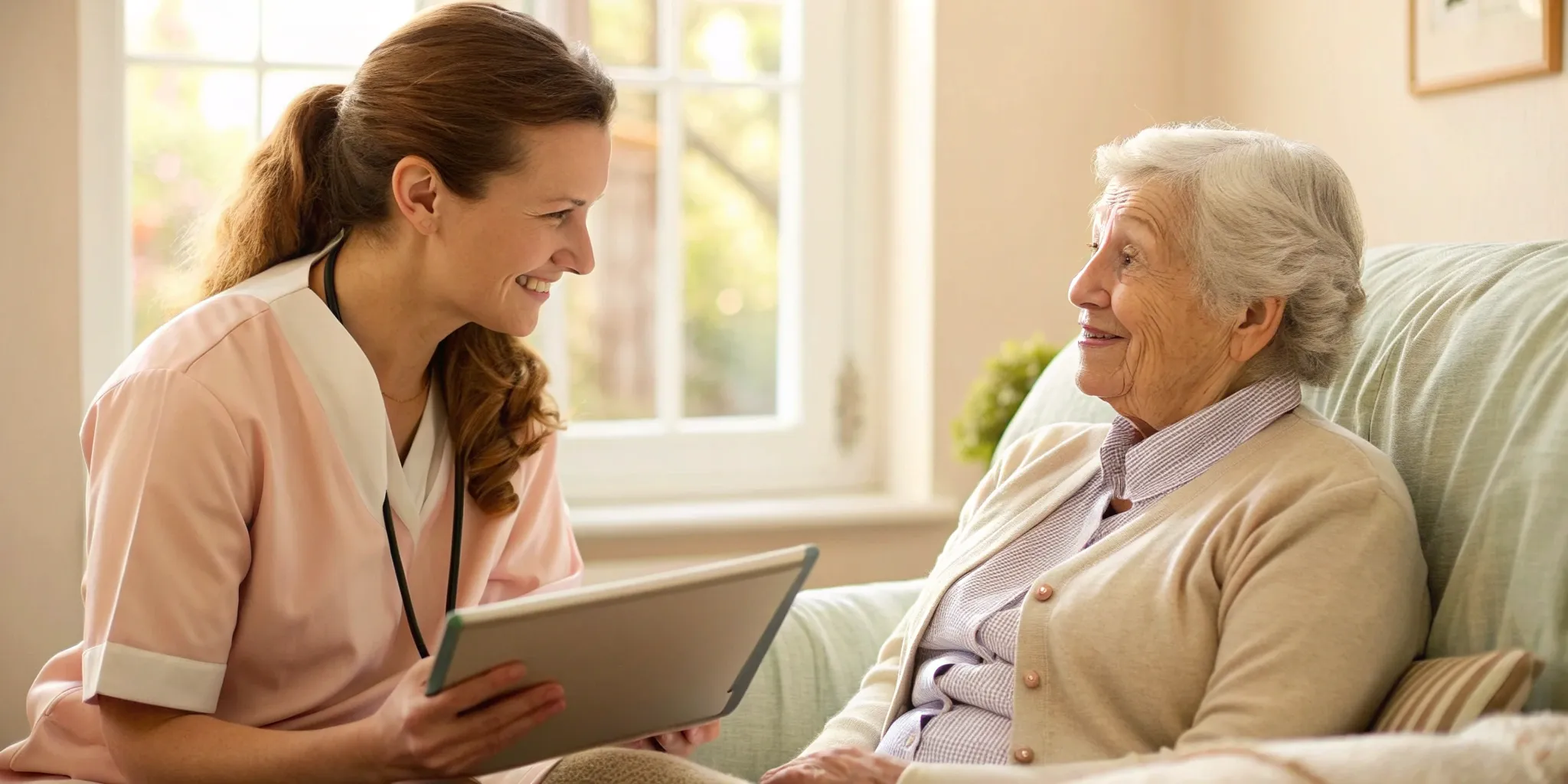 A patient advocate supports an elderly woman, a service offered by advocacy organizations.