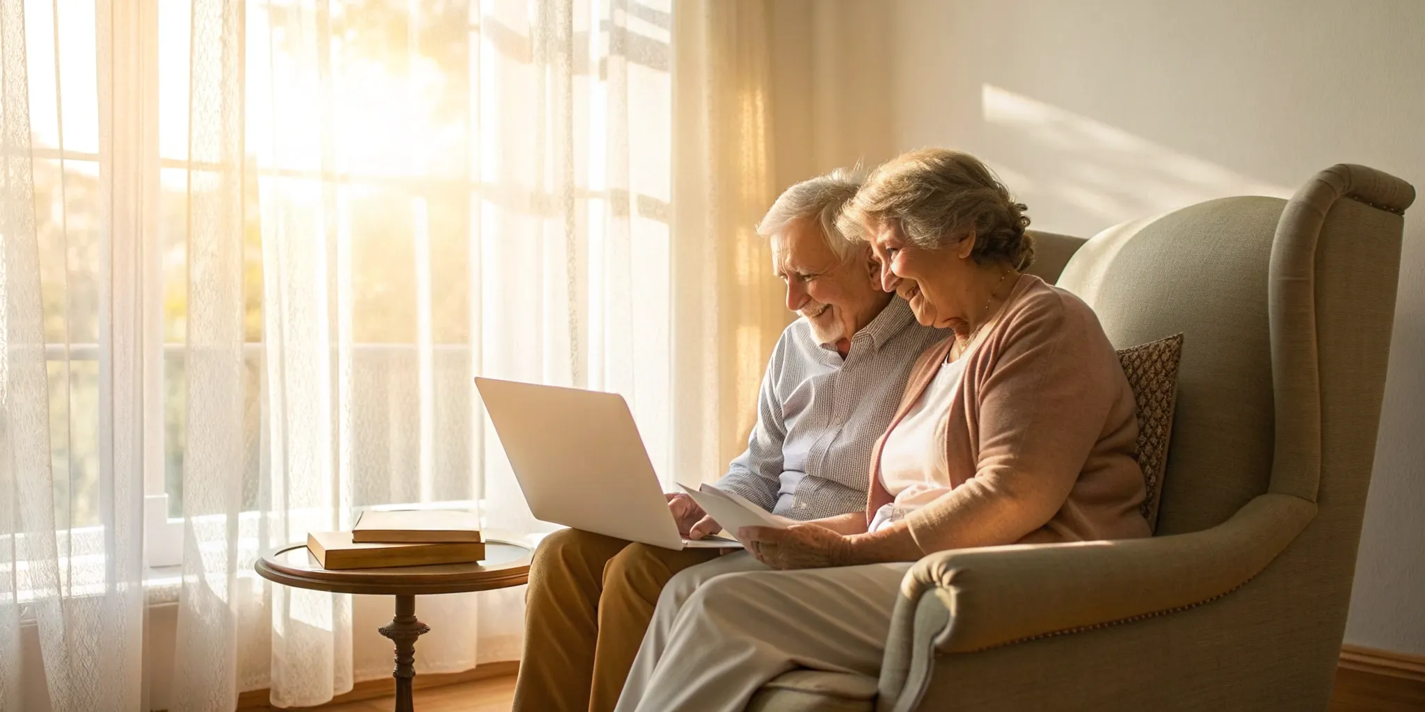 An older couple on a laptop getting help with their medical bills.